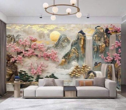 Tranh dán tường thủy mặc hiện đại phòng khách 5D110