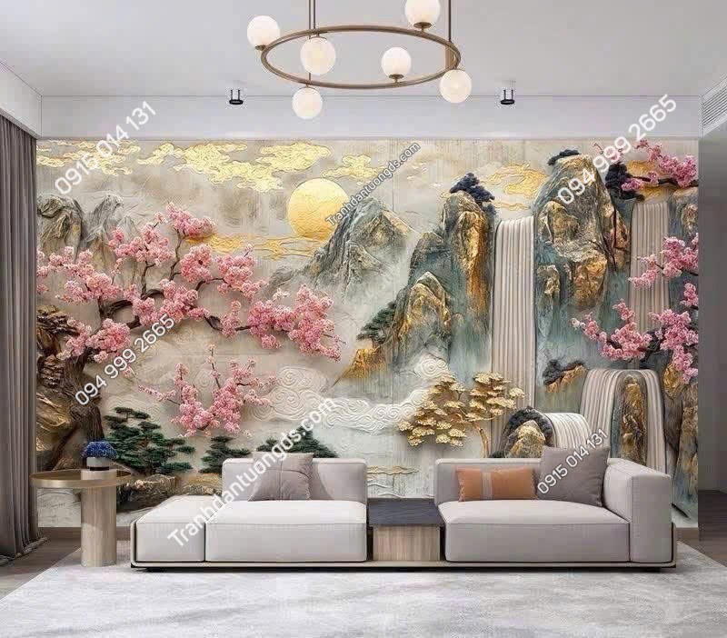 Tranh dán tường thủy mặc hiện đại phòng khách 5D110