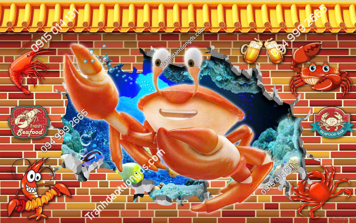 Tranh dán tường 3D quán bia lẩu hải sản 2026 độc đáo