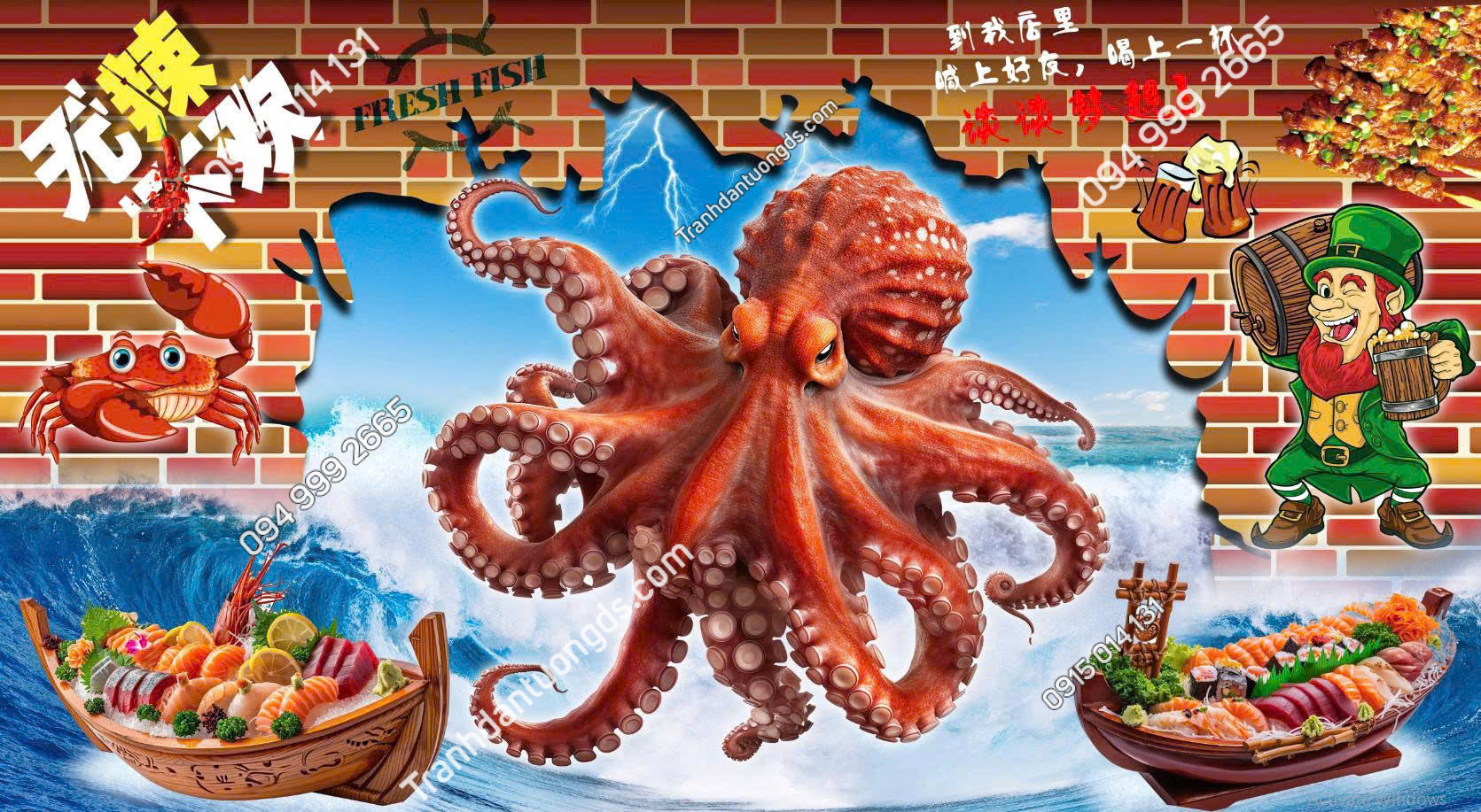 Tranh dán tường 3D quán bia lẩu hải sản 2026