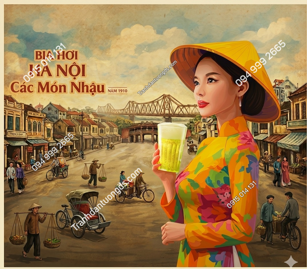 Tranh dán tường cô gái và cầu long biên trang trí quán bia 21320263