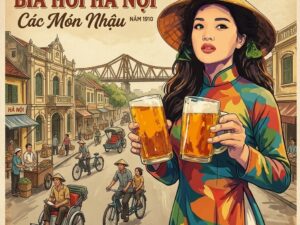 Tranh dán tường cô gái và cầu long biên trang trí quán bia 21320264