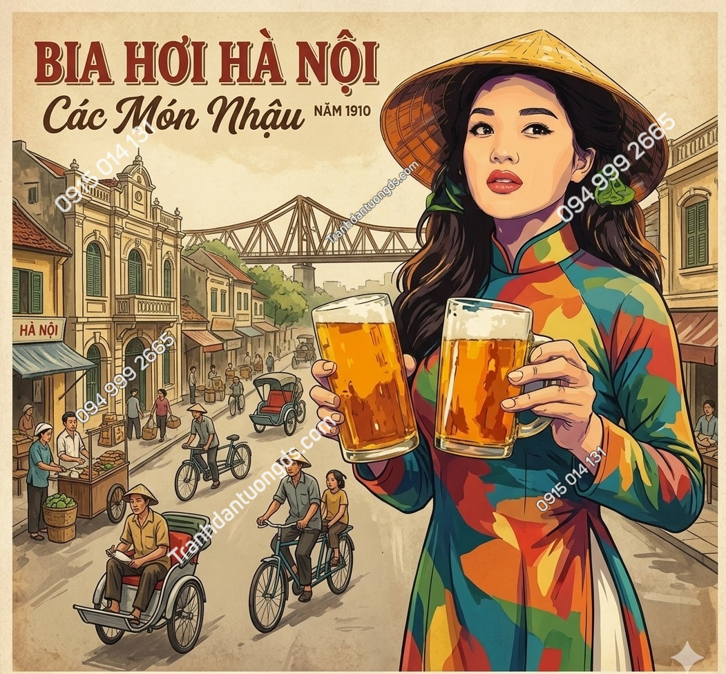 Tranh dán tường cô gái và cầu long biên trang trí quán bia 21320264