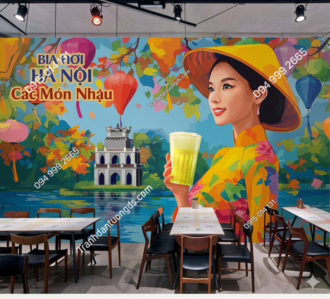 Tranh dán tường cô gái và hồ gươm trang trí quán bia 21320262 demo