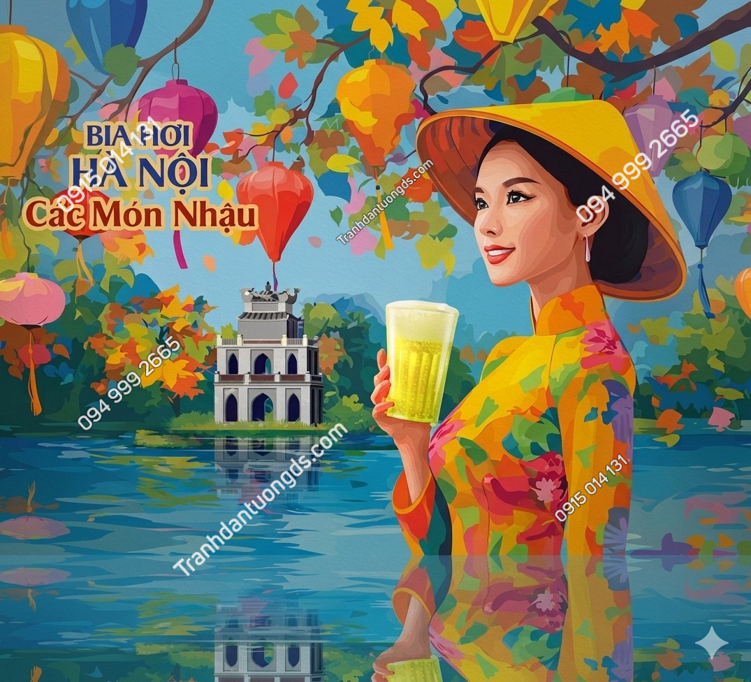 Tranh dán tường cô gái và hồ gươm trang trí quán bia 21320262