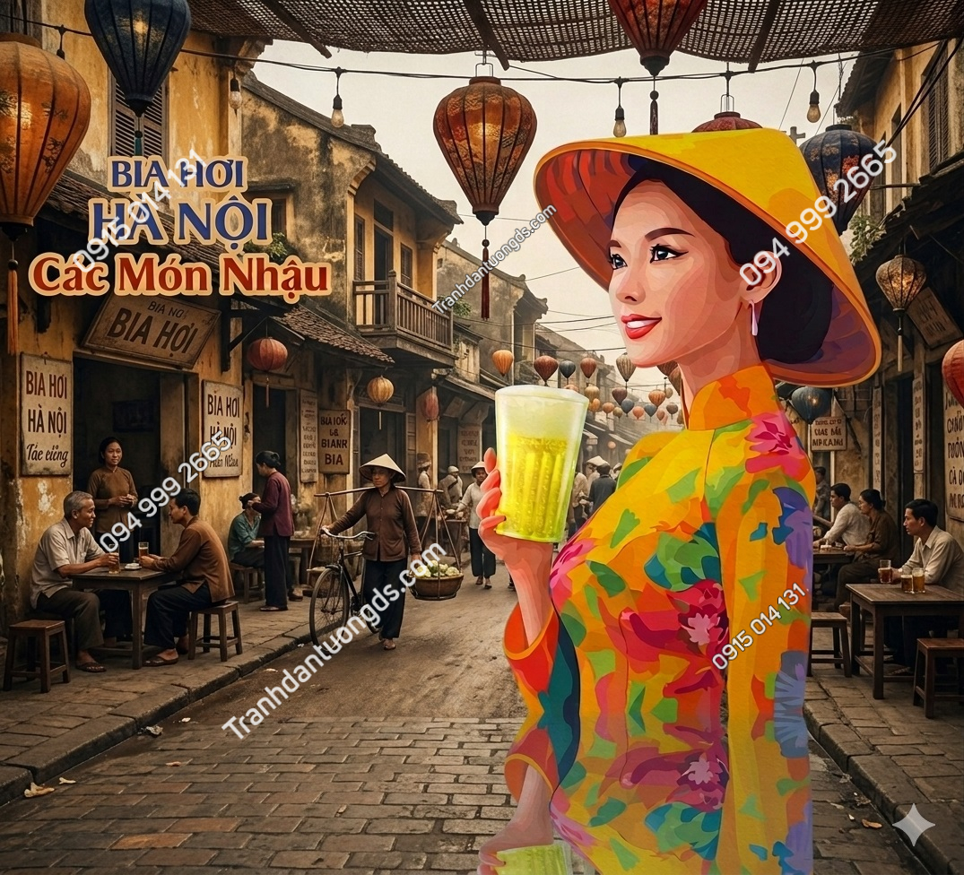 Tranh dán tường cô gái và phố bia Hà Nội xưa trang trí quán bia 21320265