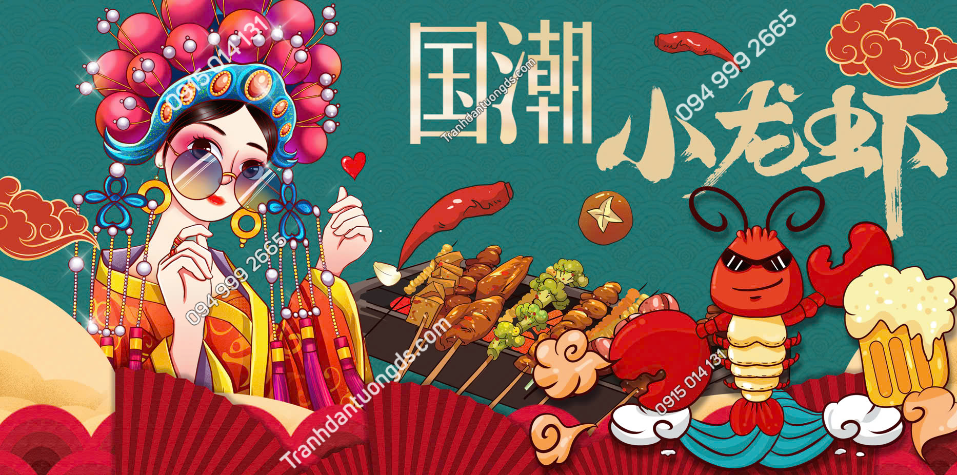 Tranh lụa dán tường 3D quán bia lẩu hải sản 2026 độc đáo