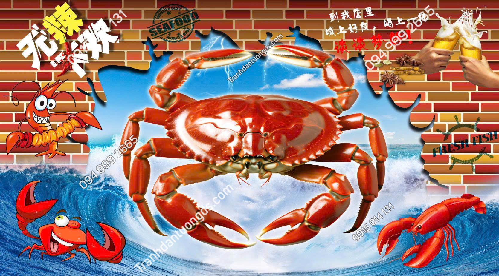 Tranh lụa dán tường quán bia lẩu hải sản 2026 độc đáo