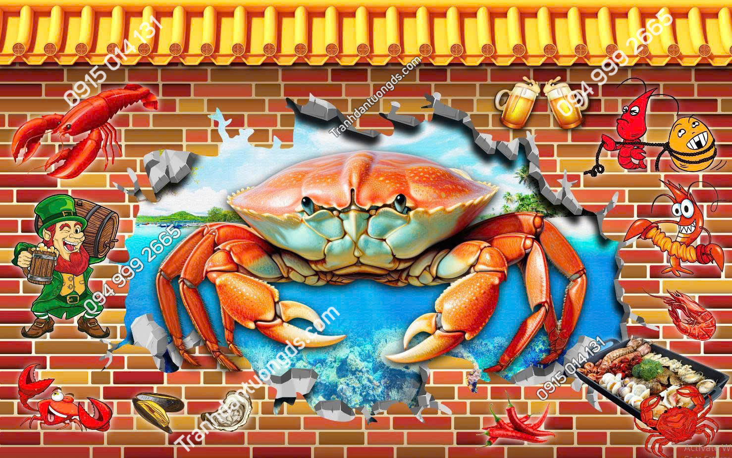 Tranh lụa dán tường quán bia lẩu hải sản 2026
