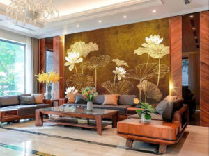 Tranh lụa 5D dán tường hoa sen hiện đại mẫu