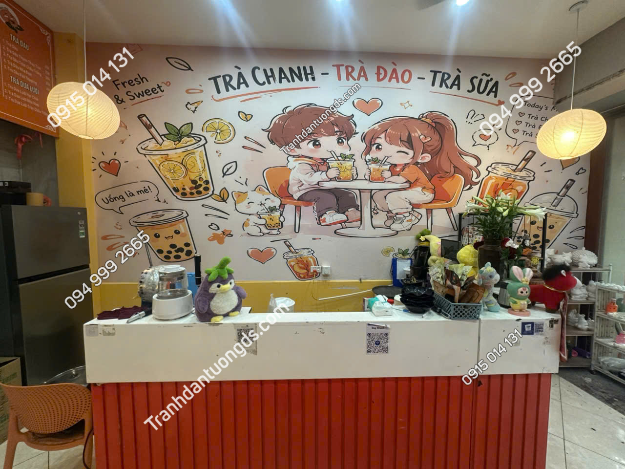 Thi công thực tế tranh dán tường quán cafe trà sữa trà chanh 3D 2026