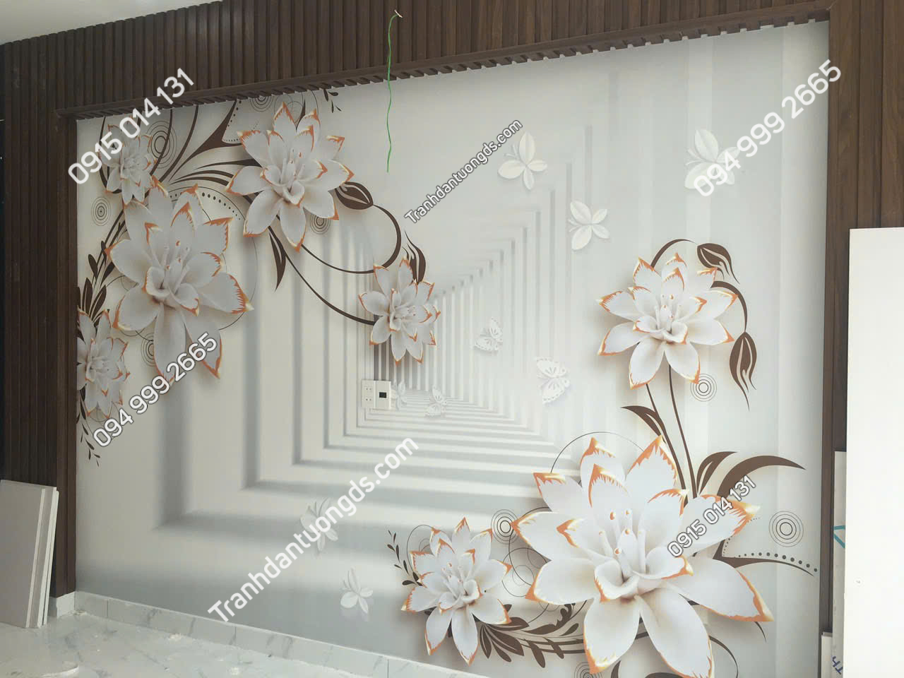 Thi công tranh dán tường hoa giả ngọc phòng khách 3D