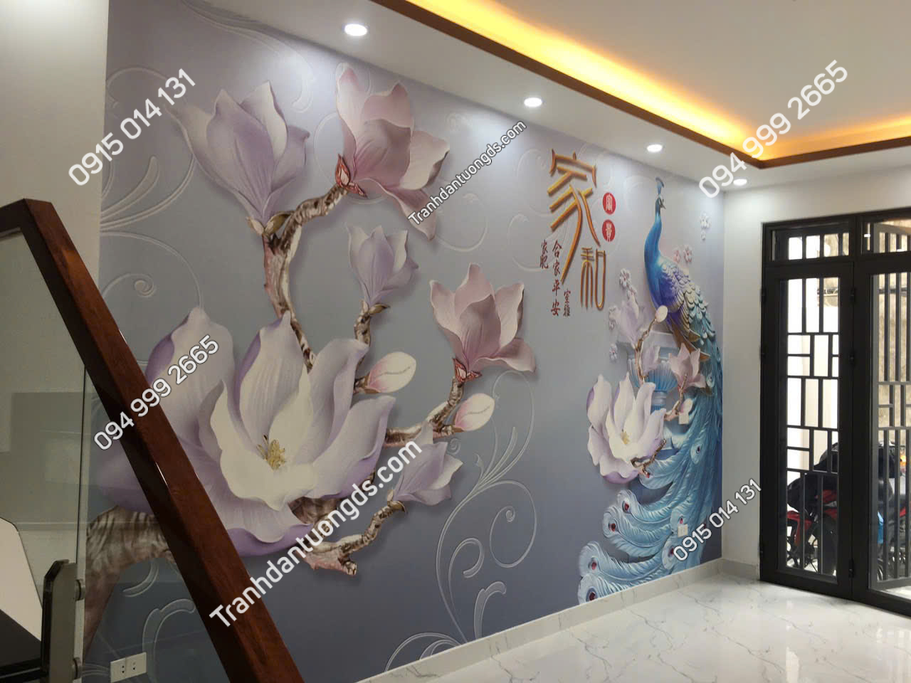 Thi công tranh dán tường hoa giả ngọc phòng khách