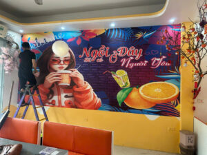 Thi công tranh dán tường quán cafe trà sữa 3D 2026