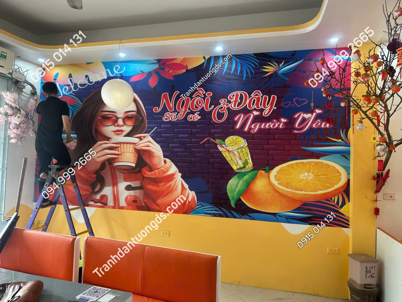 Thi công tranh dán tường quán cafe trà sữa 3D 2026
