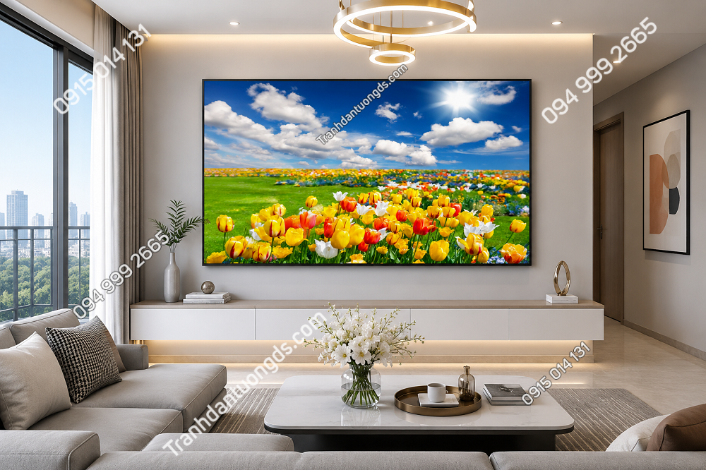 Tranh 3D dán tường phong cảnh hoa tuylip 3D