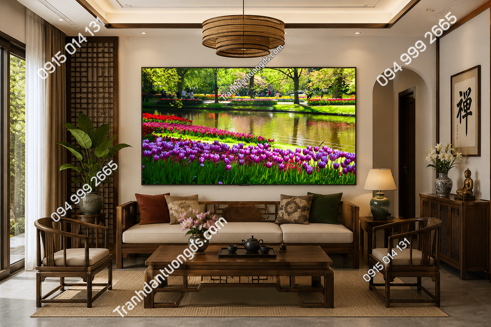 Tranh dán tường 3D phong cảnh hoa tuylip phòng khách (1)