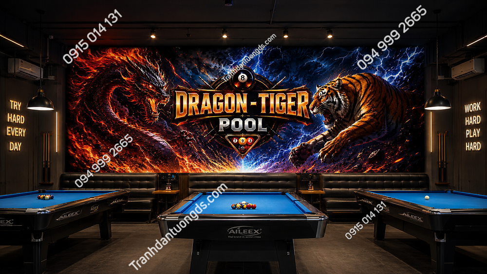 Tranh dán tường 3D quán bida rồng và hổ 2026