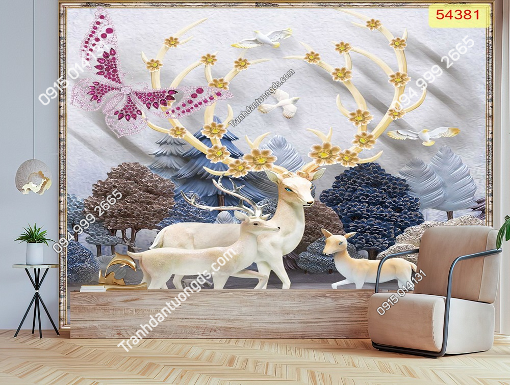 Tranh dán tường hươu tài lộc 3D 5D phòng khách (1)