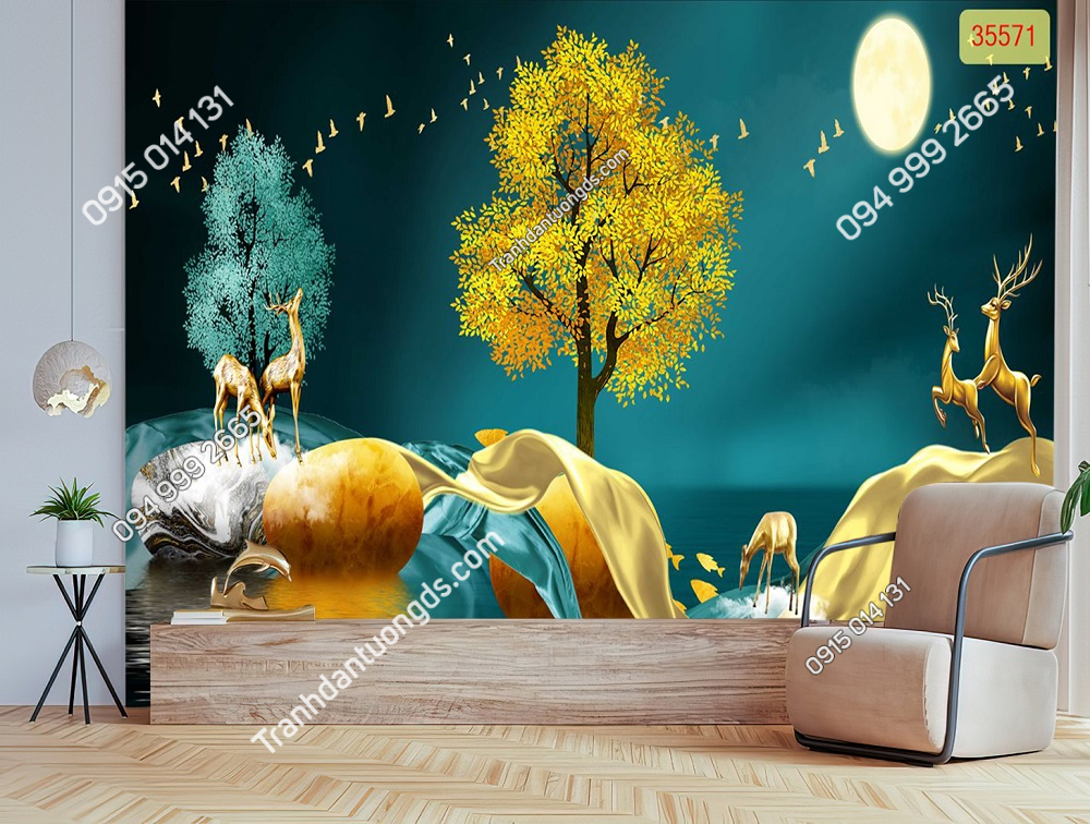 Tranh dán tường hươu tài lộc 3D 5D phòng khách (10)