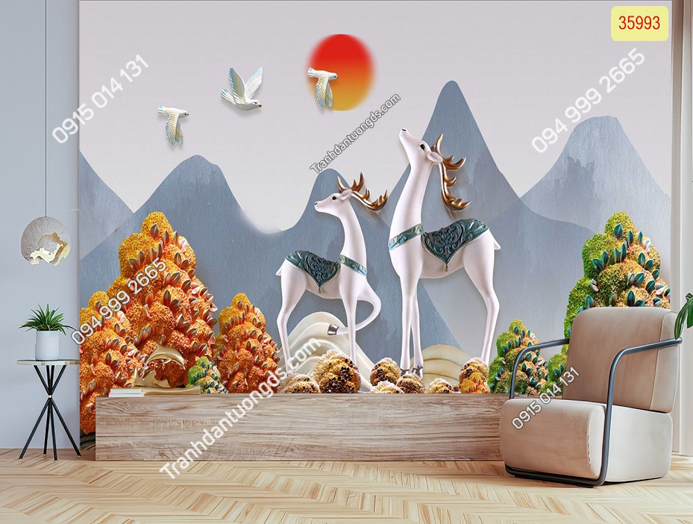 Tranh dán tường hươu tài lộc 3D 5D phòng khách (11)