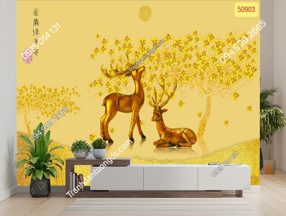Tranh dán tường hươu tài lộc 3D 5D phòng khách (12)