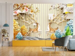 Tranh dán tường hươu tài lộc 3D 5D phòng khách (13)