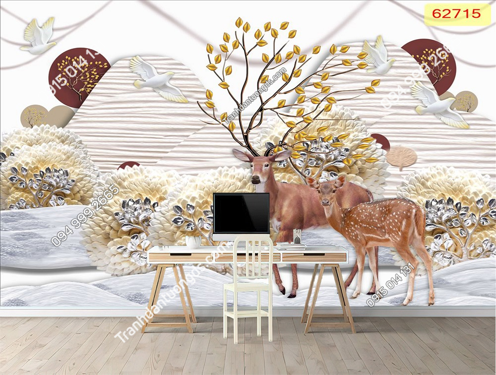 Tranh dán tường hươu tài lộc 3D 5D phòng khách (2)