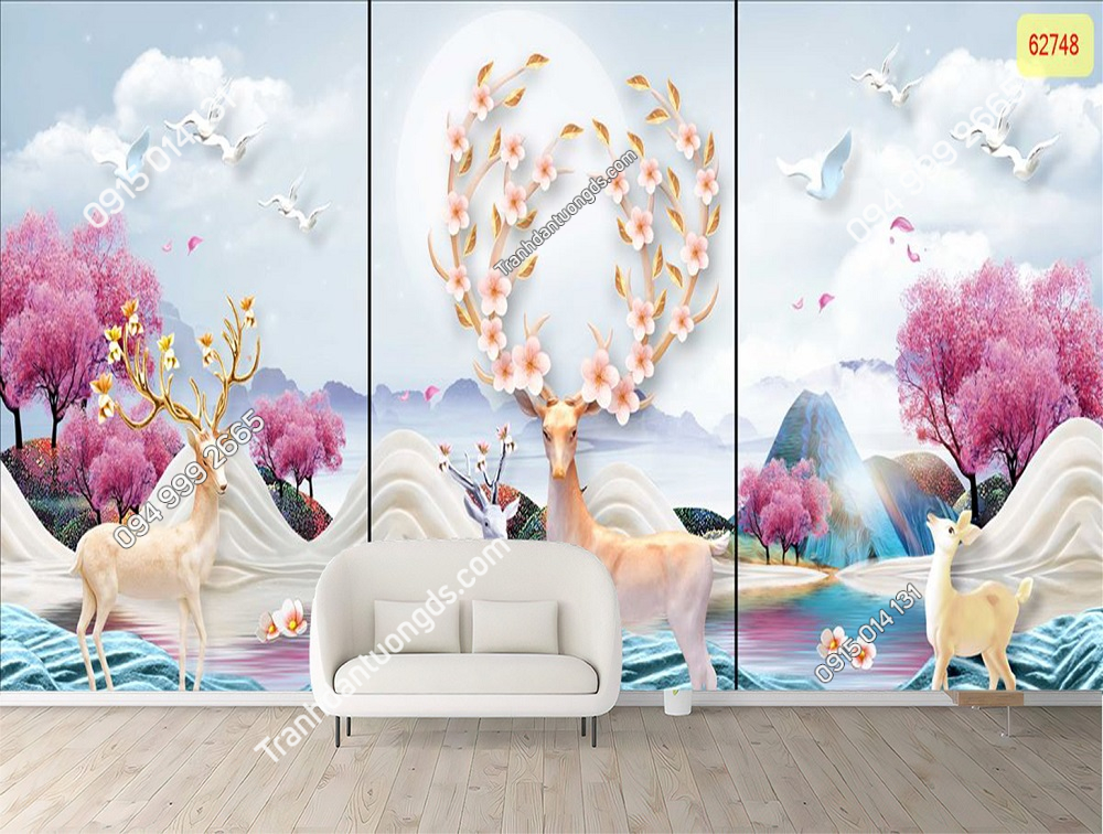 Tranh dán tường hươu tài lộc 3D 5D phòng khách (3)