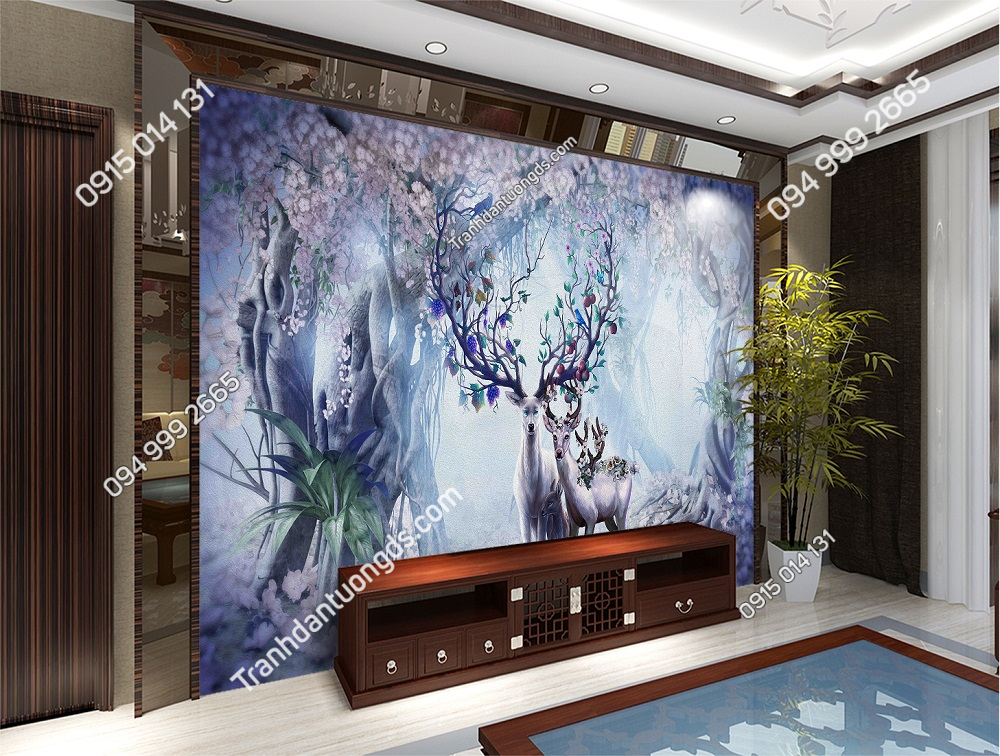 Tranh dán tường hươu tài lộc 3D 5D phòng khách (4)