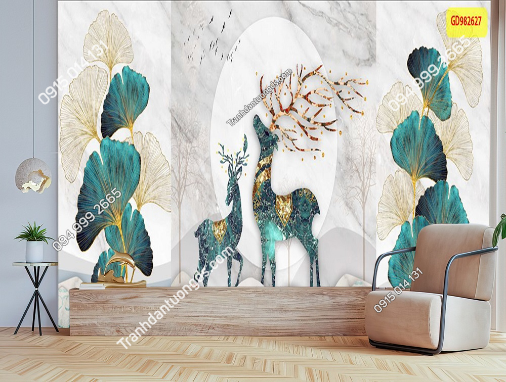Tranh dán tường hươu tài lộc 3D 5D phòng khách (5)