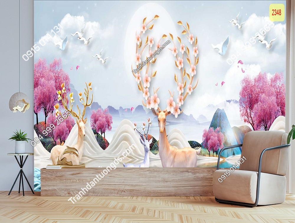 Tranh dán tường hươu tài lộc 3D 5D phòng khách (6)