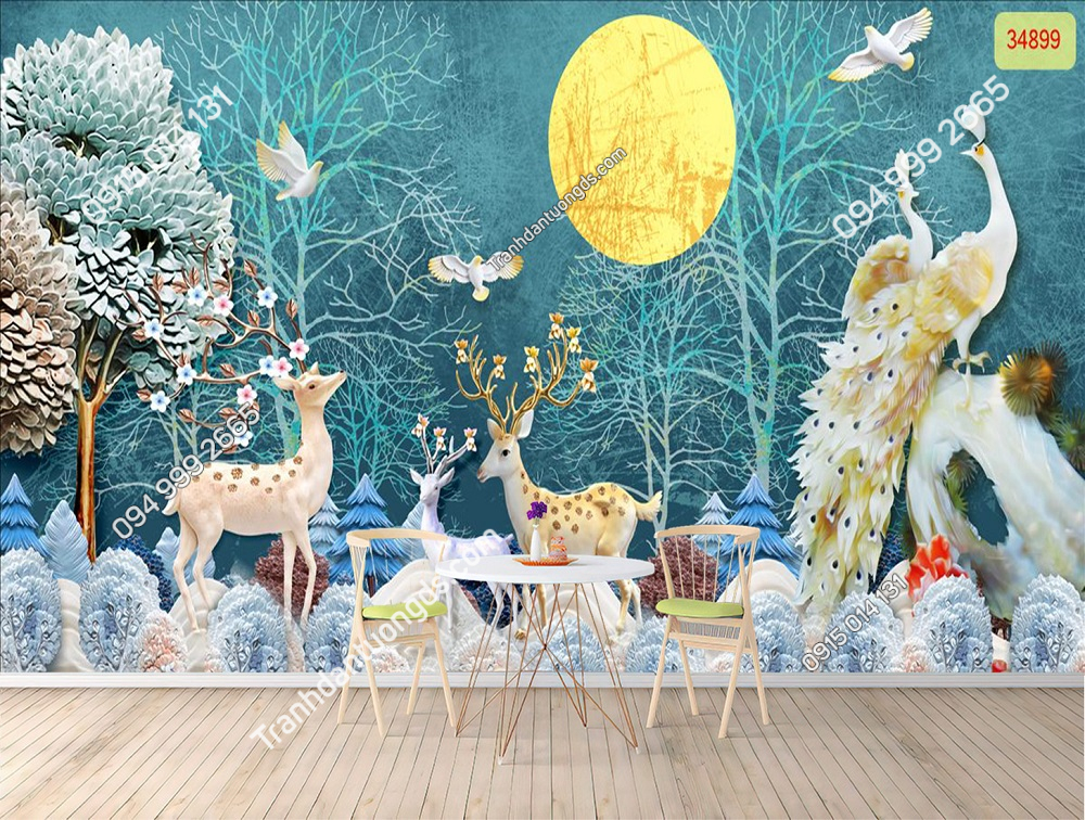 Tranh dán tường hươu tài lộc 3D 5D phòng khách (7)