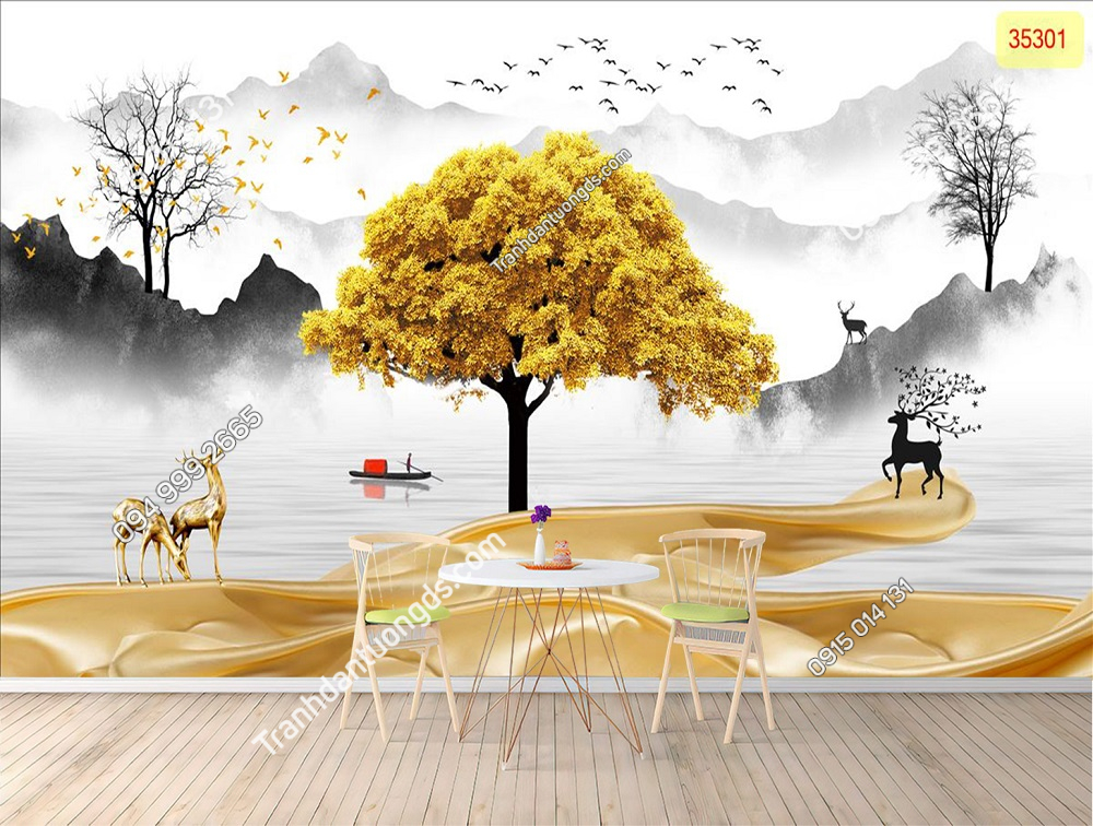 Tranh dán tường hươu tài lộc 3D 5D phòng khách (8)