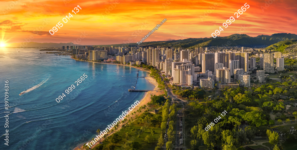 Tranh lụa dán tường 3D 5D phong cảnh thành phố ven biển 2026