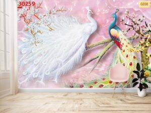 Tranh lụa dán tường 3D chim công phòng khách 2026 (1)
