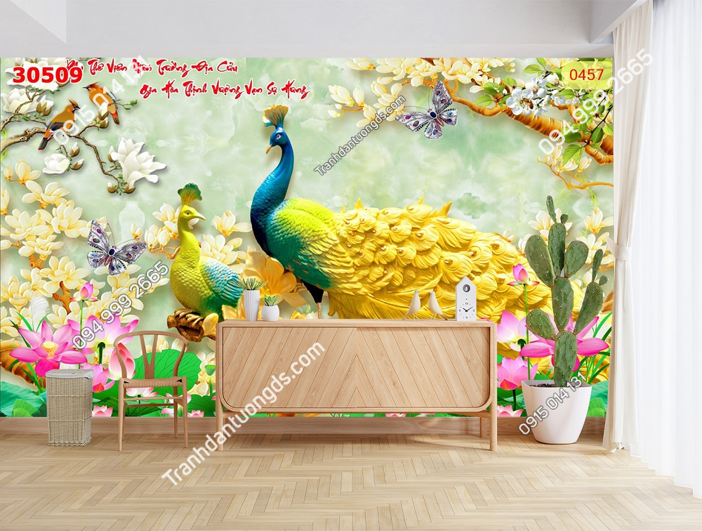 Tranh lụa dán tường 3D chim công phòng khách 2026 (3)