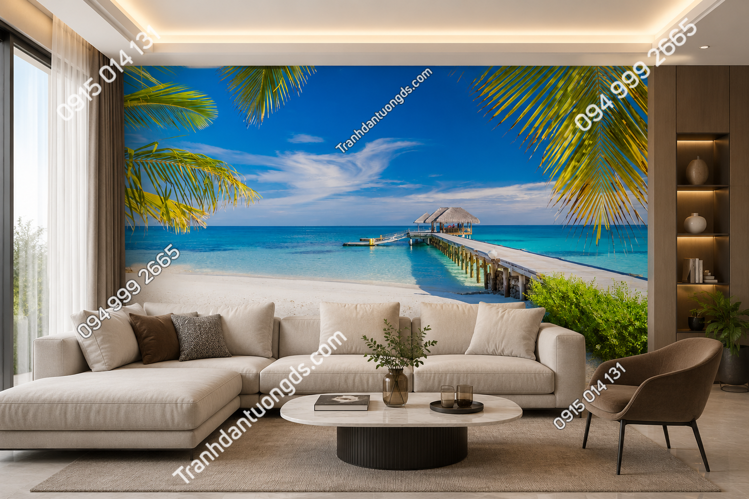 Tranh lụa dán tường 3D phong cảnh biển 2026 đẹp phòng khách