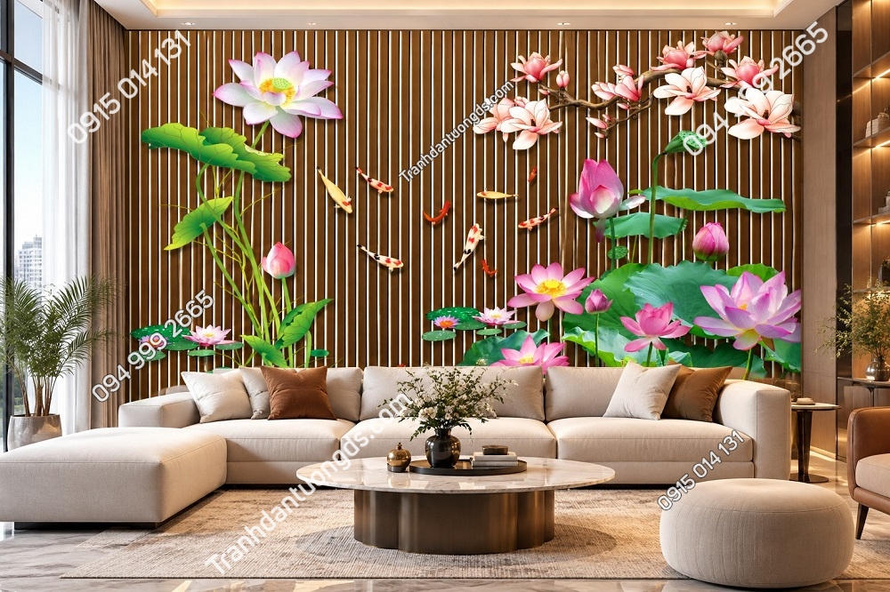 Tranh Cửu Ngư Cá Chép Hoa Sen Phòng Khách Đẹp Hiện Đại DS638572