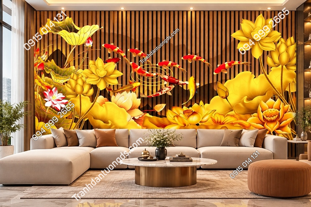 Tranh Cửu Ngư Hoa Sen Cá Chép Phòng Khách Sang Trọng DS274615