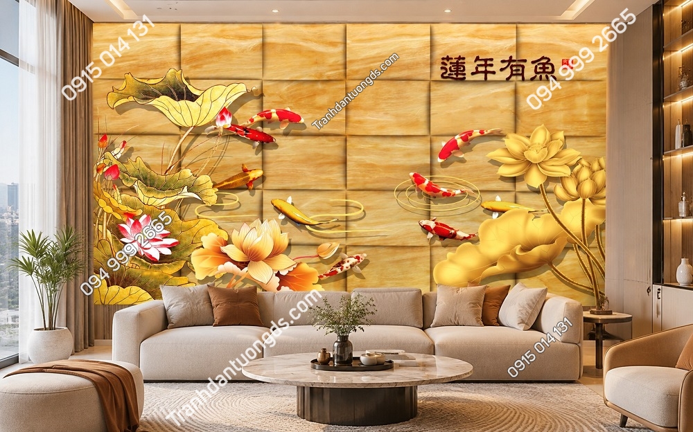 Tranh Cửu Ngư Hoa Sen Phòng Khách Chung Cư Đẹp Sang Trọng DS741628