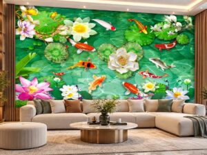 Tranh Cửu Ngư Hoa Sen Phòng Khách Đẹp Sang Trọng DS927453