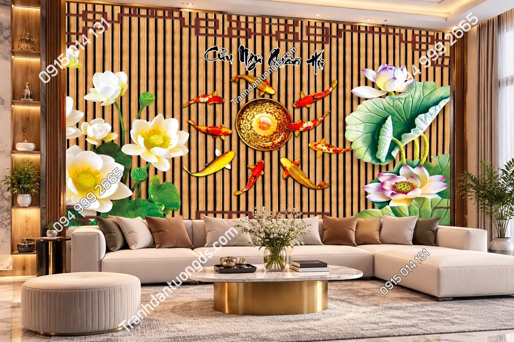 Tranh Cửu Ngư Quần Hội Cá Chép Hoa Sen Phòng Khách Đẹp DS852361