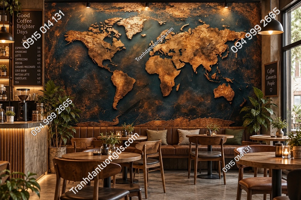 Tranh Dán Tường Bản Đồ Thế Giới 3D Màu Đồng Sang Trọng Cho Quán Cafe – AB891367578