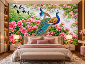 Tranh Dán Tường Đôi Chim Công Hoa Mẫu Đơn Phú Quý Mãn Đường Phòng Ngủ Vợ Chồng 52856