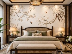 Tranh Dán Tường Hoa Chim Uyên Ương Indochine Phòng Ngủ AB652432983