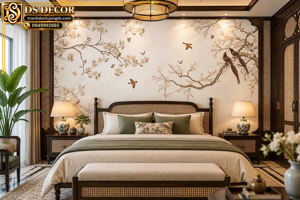 Tranh Dán Tường Hoa Chim Uyên Ương Indochine Phòng Ngủ AB652432983