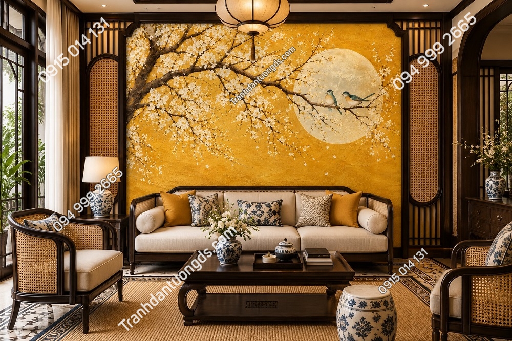 Tranh Dán Tường Indochine Hoa Mai Chim Đôi Dưới Trăng Vàng Phòng Khách IN16920262