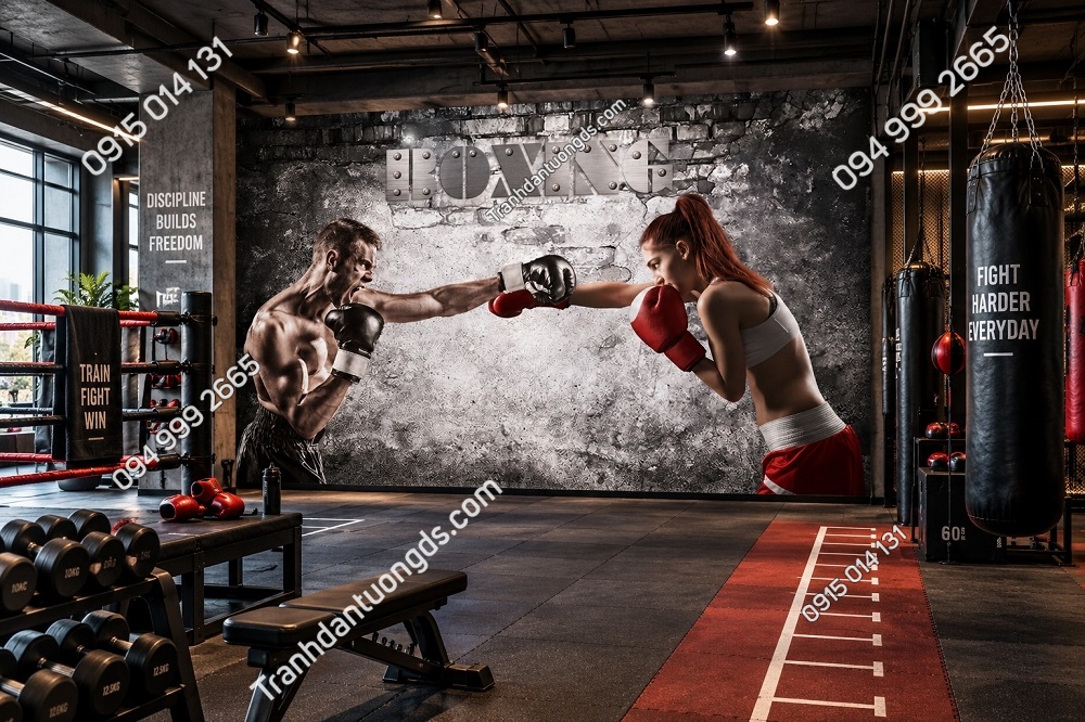 Tranh Dán Tường Phòng Gym Boxing Nam Nữ Tập Quyền Anh DS583214