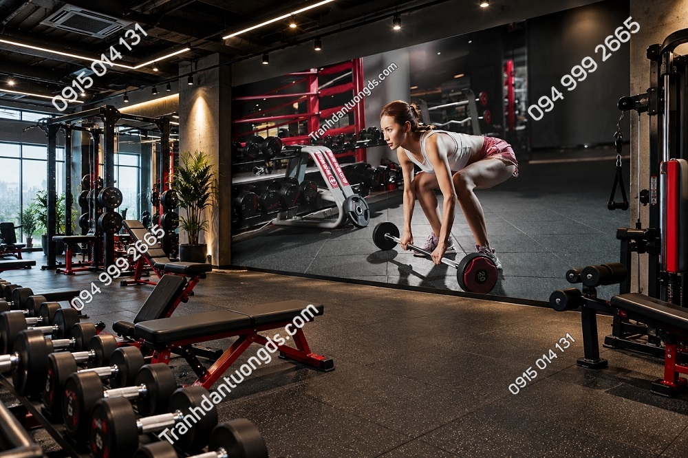 Tranh Dán Tường Phòng Gym Nữ Tập Tạ Không Gian Hiện Đại DS583214